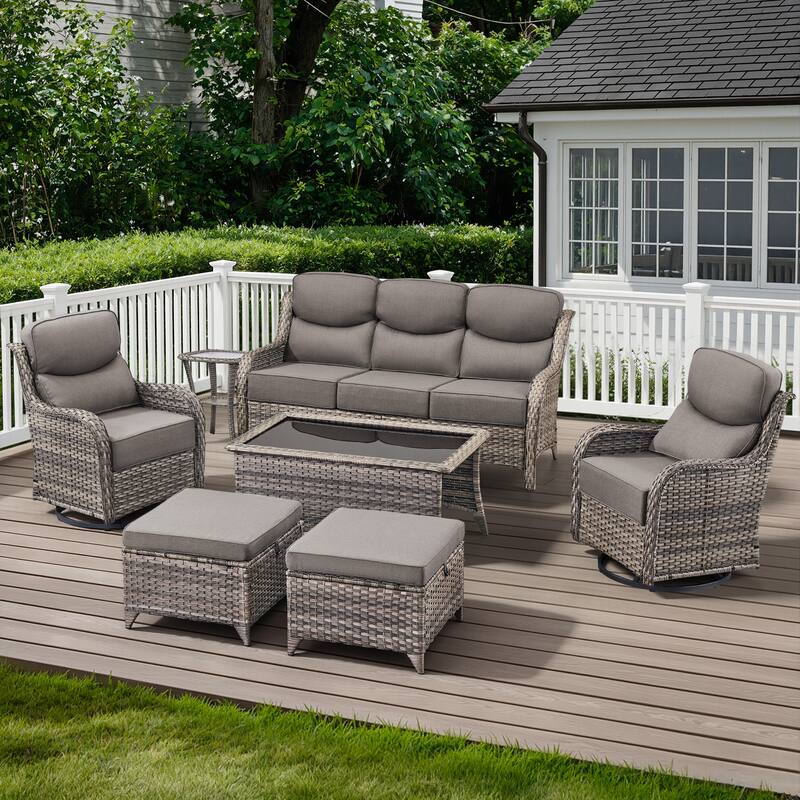 Meyreso 7-Piece Wicker Patio Conversation Set with Swivel Gliders and 6-Inch Thick Cushions