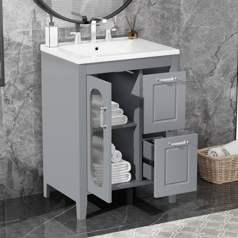 Bathroom Vanity with Sink, Vanity Set with Glass Door and 2 Drawers, Wooden Bathroom Cabinet with Adjustable Shelf