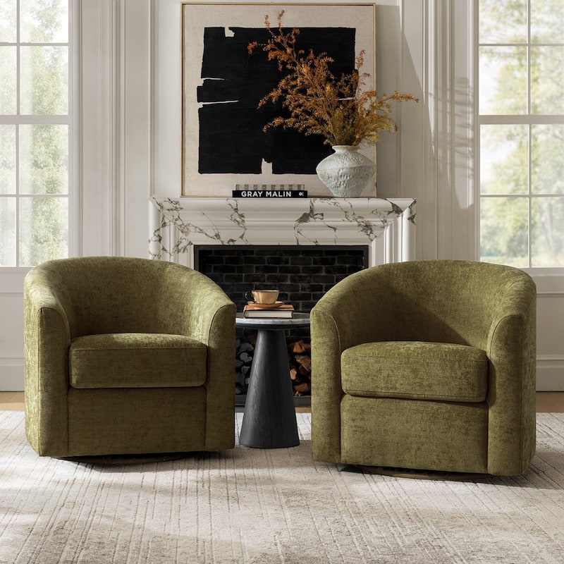 Cuenca Modern Living Room Wooden Upholstered 360° Swivel Barrel Chair with Metal Base and Wide Backrest