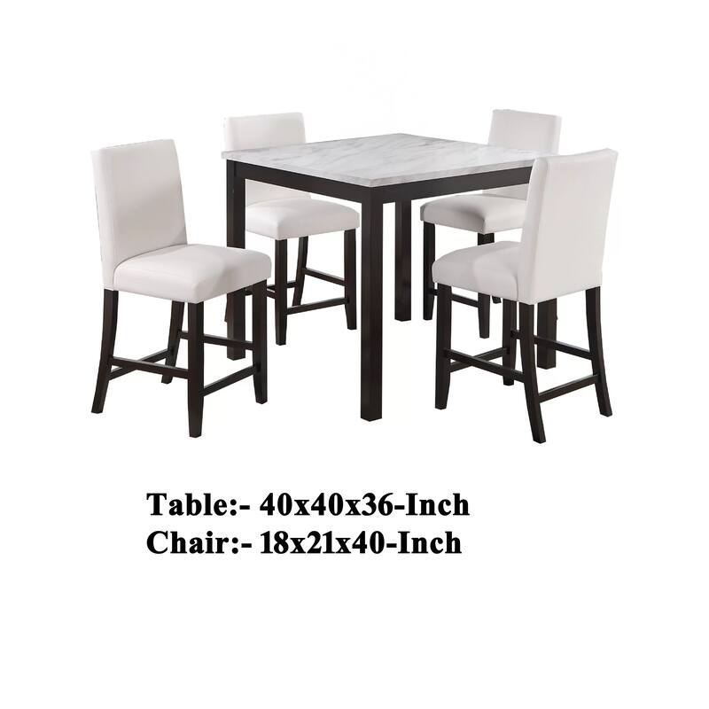 Wesley 5pc Dining Table Set, White Faux-Leather, Faux Marble, Dark Brown