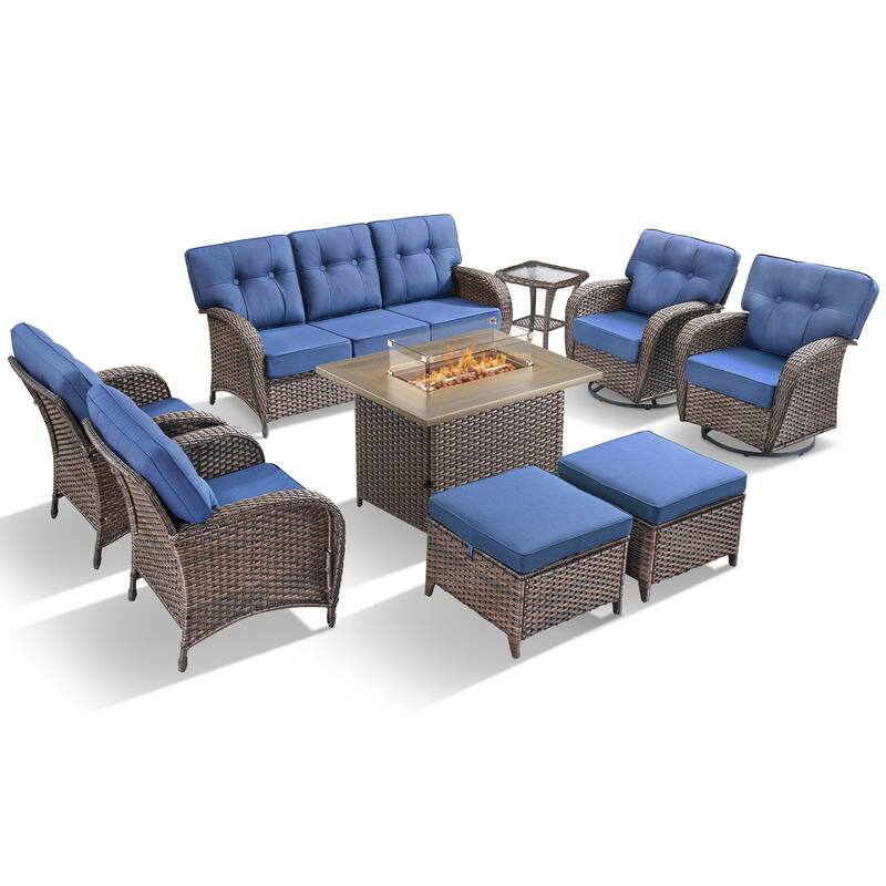 TWrap Wicker Patio Fire Pit Conversation Set with 3-Seat Sofa & Swivel Gliders & Armchairs