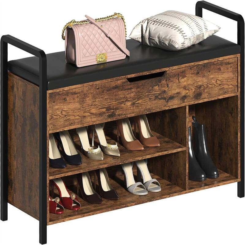 Wooden Shoe Cabinet with Cushion- Shoe Bench - 35.4"D x 11.8"W x 24.4"H