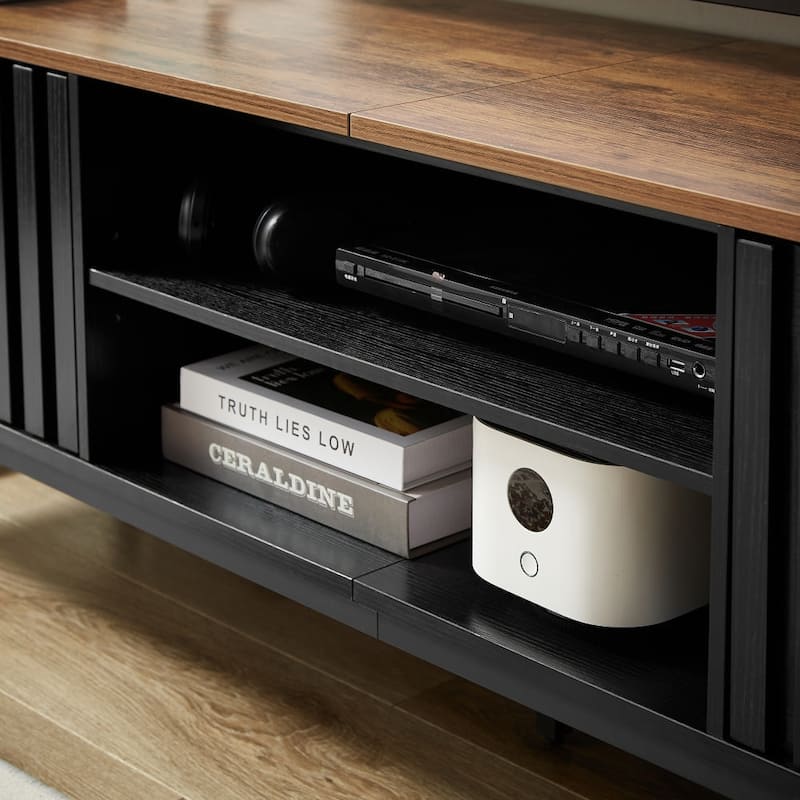 TV Stand with Grille-Striped Doors, Entertainment Center with Open Shelves, Media Console Table with Metal Legs