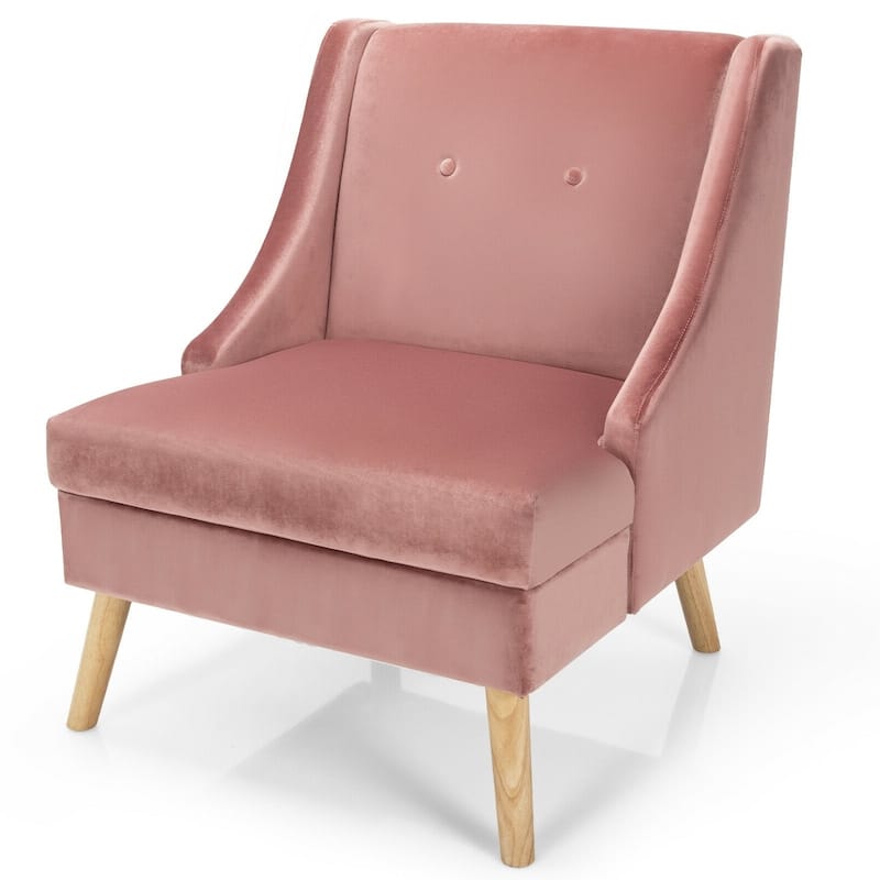 Velvet Wingback Armchair with Rubber Wood Legs-Pink - 27.5" x 31.5" x 33.5"(L x W x H)