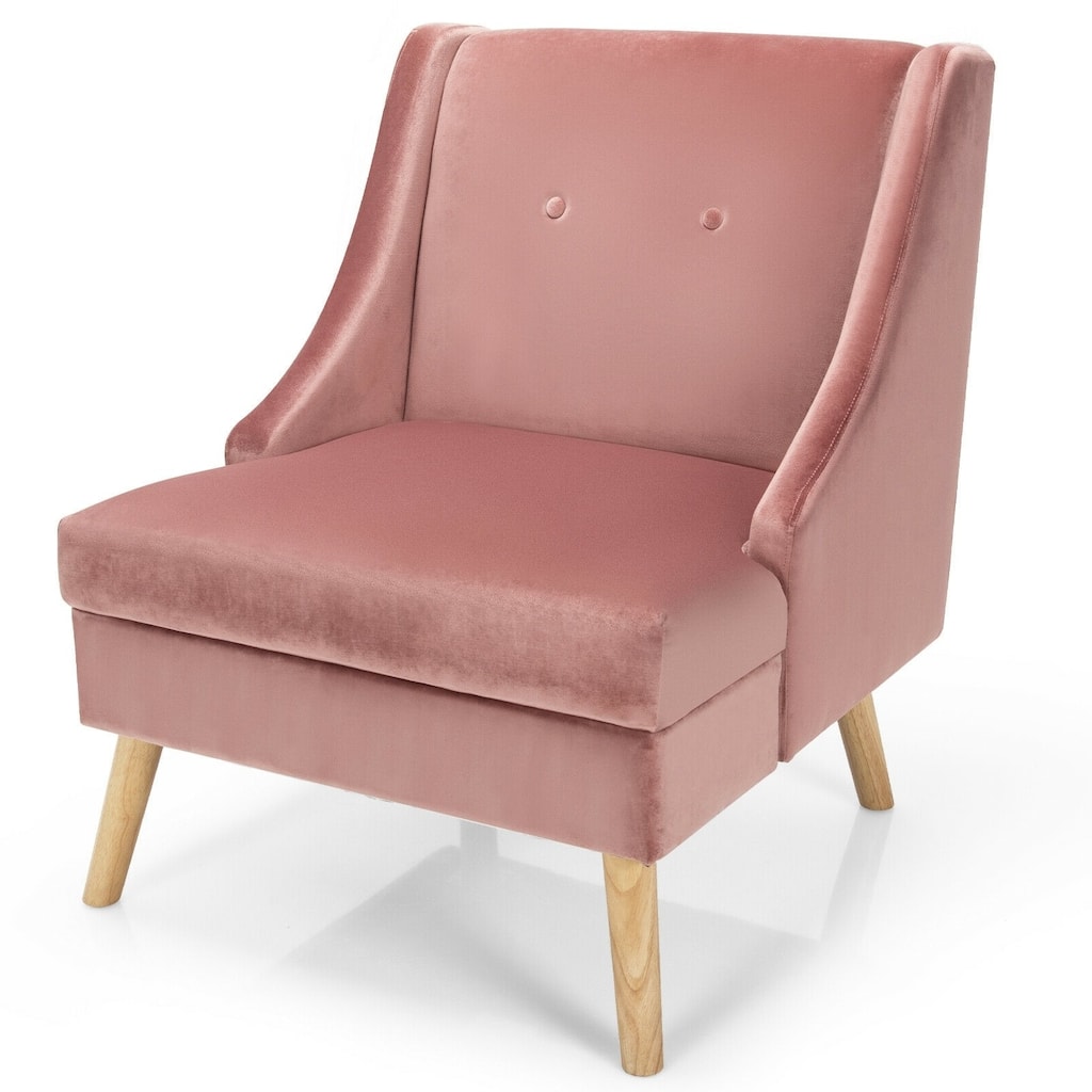 Velvet Wingback Armchair with Rubber Wood Legs-Pink - 27.5" x 31.5" x 33.5"(L x W x H)