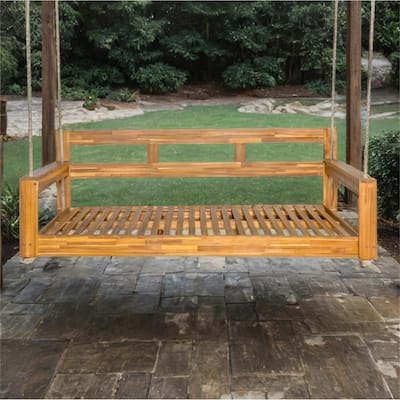 Patio Wood Twin Size Swing Bench with Hanging Ropes(No Cushion,Pillow)