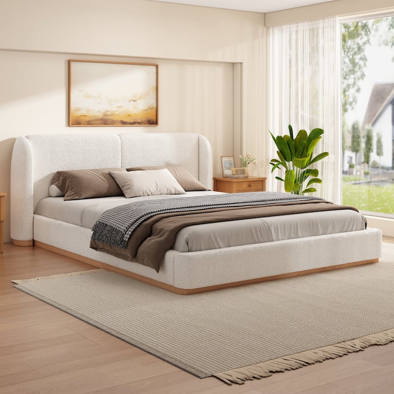 Christopher Knight Home - Aurelius Boucle Upholstered Bed Frame with Solid Rubberwood Base and Wingback Headboard - White - Queen