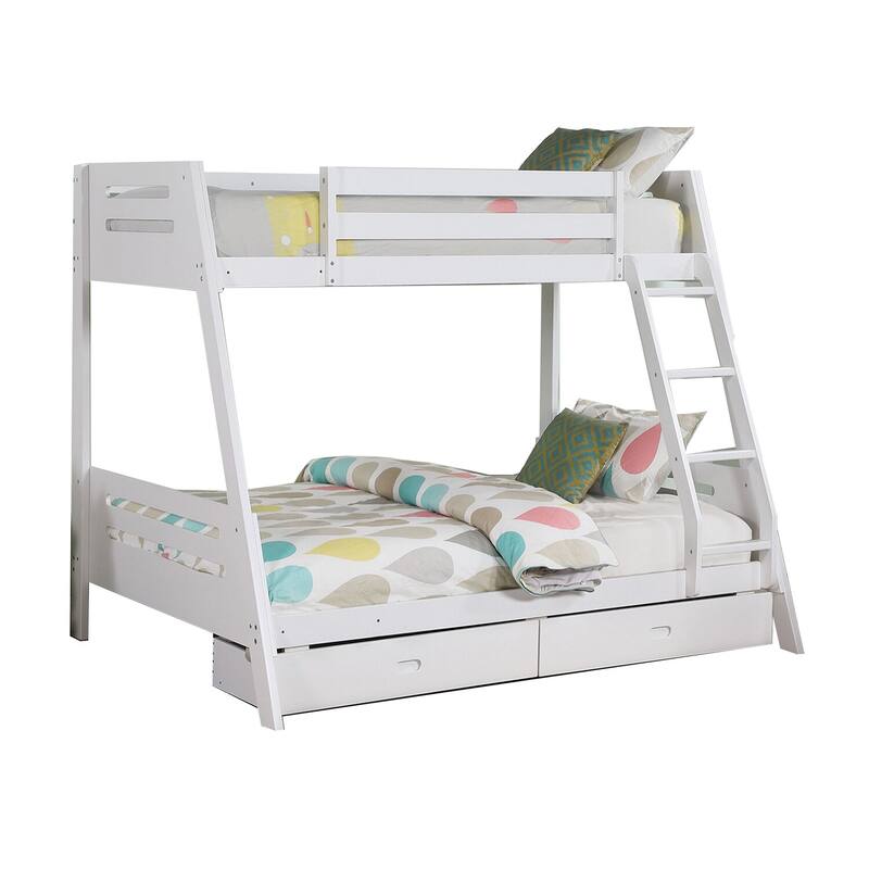 Twin Over Full Bunk Bed with Ladder and 2 Underbed Drawers, White Solid Wood