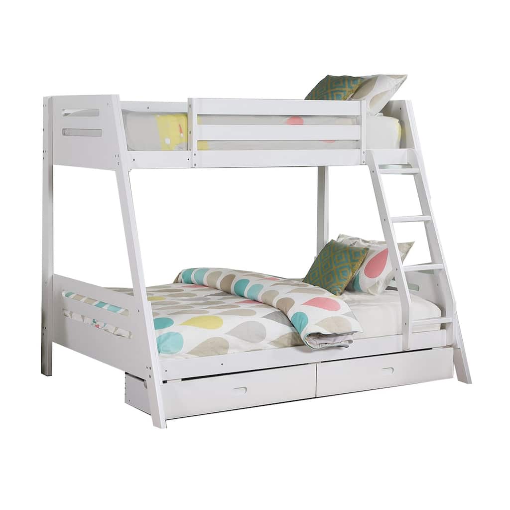 Twin Over Full Bunk Bed with Ladder and 2 Underbed Drawers, White Solid Wood