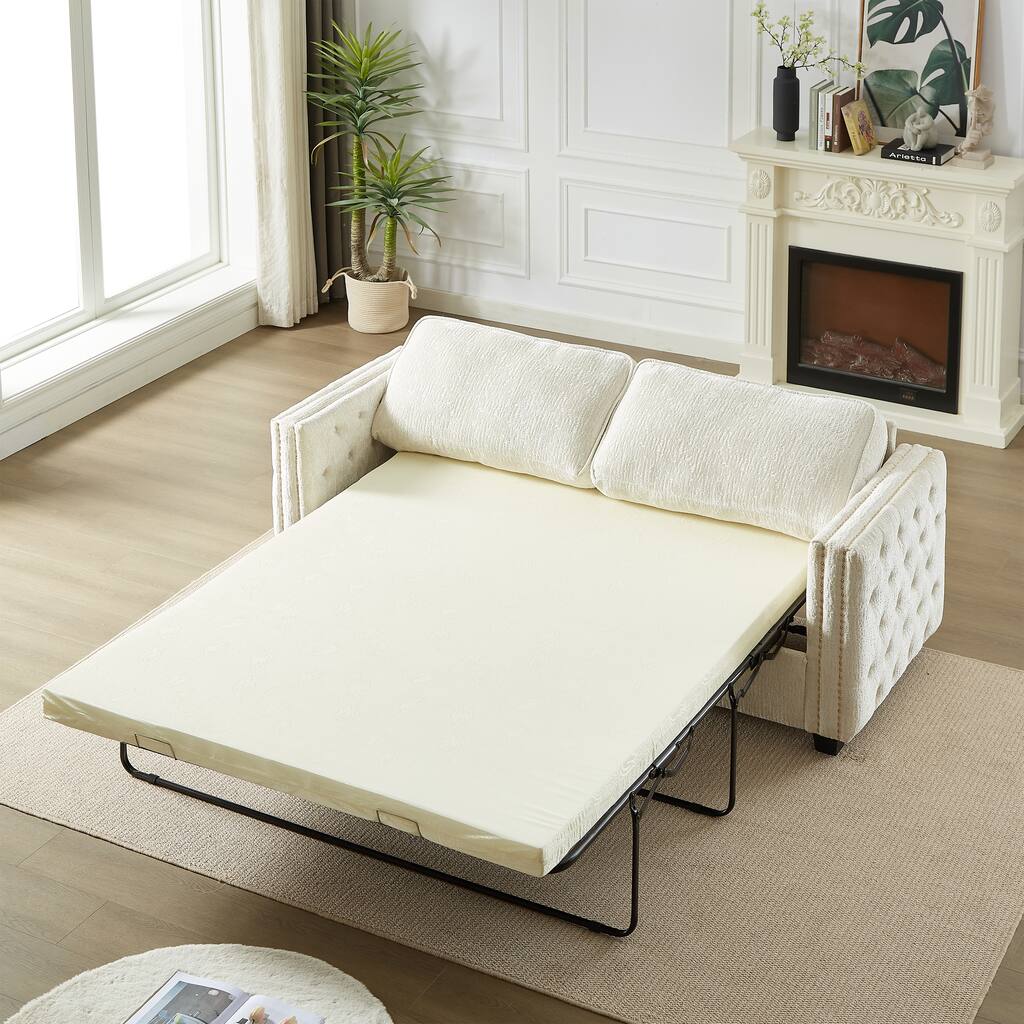 Beige 81" Chenille Nailheads 3-seater Sleeper Sofa with Memory Foam Mattress for Living Room
