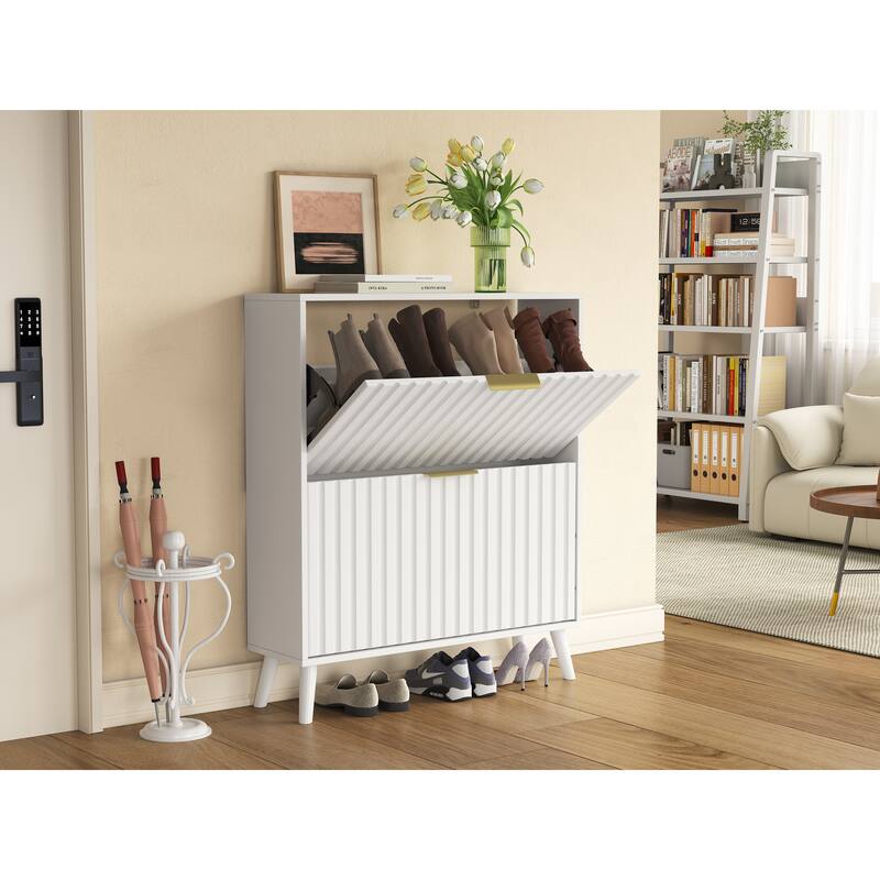 Tipping Bucket Narrow Shoe Cabinet, Multi-functional Shoe Rack Cabinet, Shoe Cabinet with Carved Doors & Solid Wood Legs