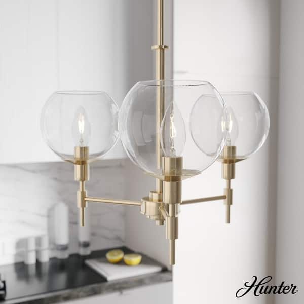 slide 2 of 14, Hunter Xidane Metal and Glass Orb Chandelier - Entry, Kitchen or Dining Room Table, Bedroom - Mid-Century Modern, Transitional 3- Light - Alturas Gold