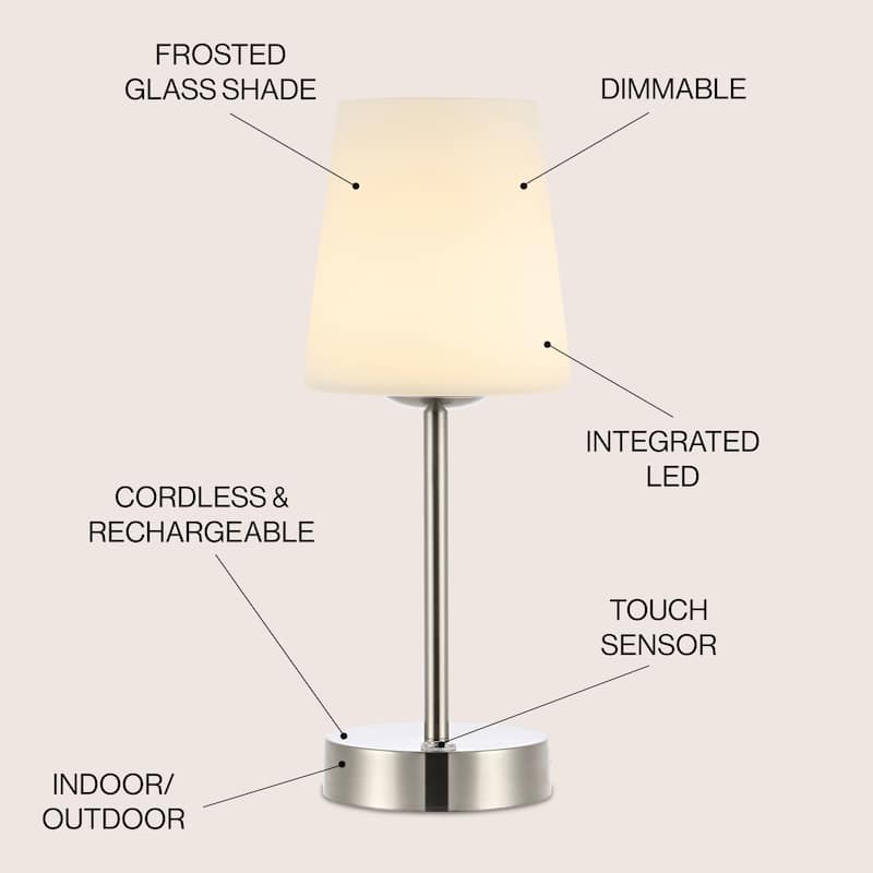 Eli 12.75" Modern Minimalist Iron Wireless Rechargeable Integrated LED Table Lamp, Nickel/White by JONATHAN Y