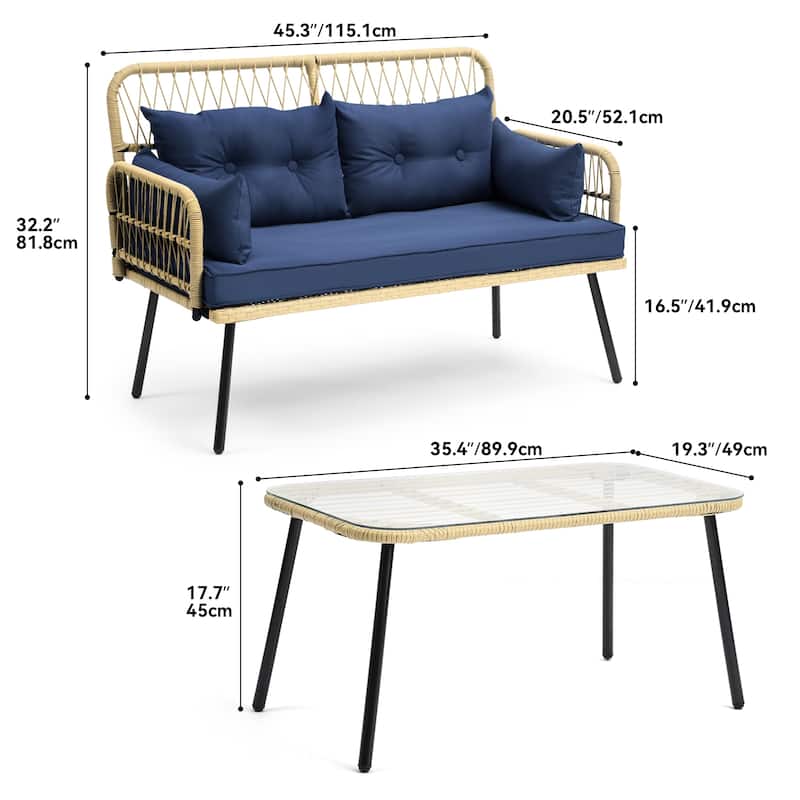 Moasis 2-Piece Outdoor Wicker Loveseat Set Weather-Resistant Rattan Patio Conversation Furniture - 45.3"L x 20.5"W x 32.2"H