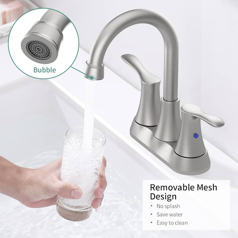 Bathroom Faucet with Pop-up Drain & Supply Hoses 2-Handle 360 Degree High Arc Swivel Spout Centerset 4 Inch Vanity Sink Faucet