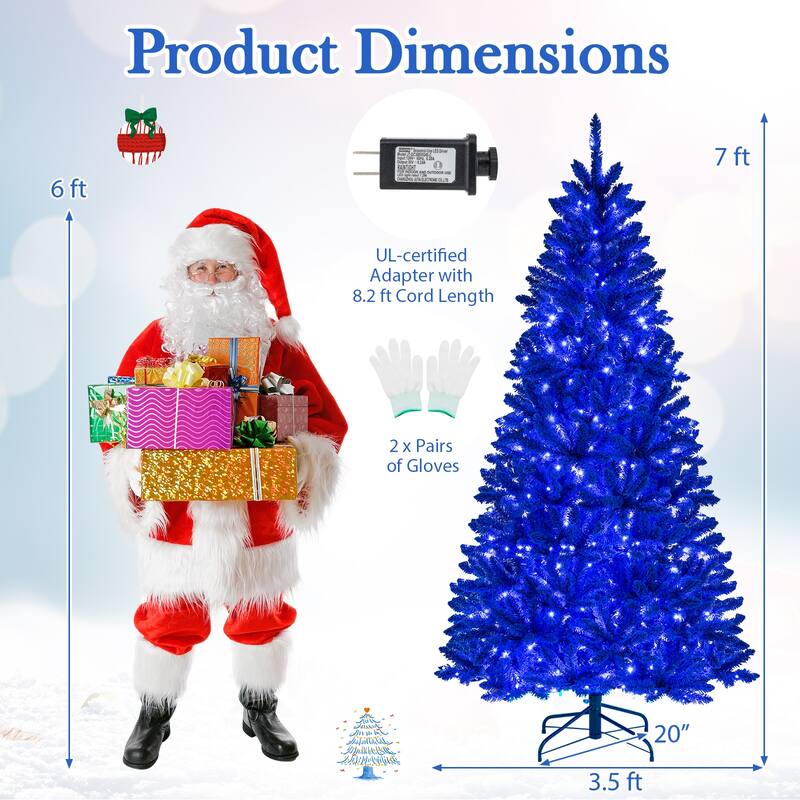 Gymax 7 FT Artificial Christmas Tree w/900 Branch Tips 340 LED Lights - Royal Blue