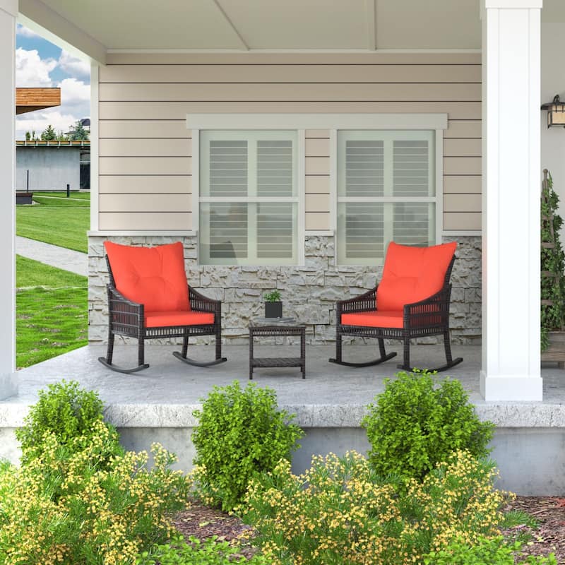 VEIKOUS 3-Piece Outdoor Wicker Patio Porch Rocking Chair and Rattan Coffee Table Set with Cushions and Pillows