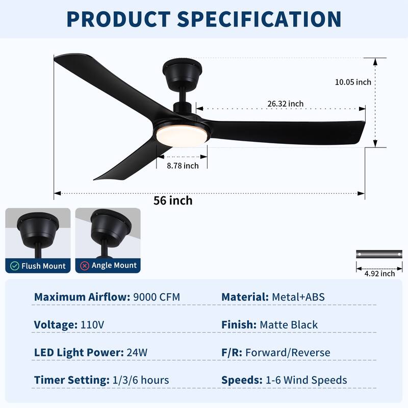56 inch All-Weather Outdoor Waterproof Modern Black Ceiling Fan with Light and Quiet DC Motor for Patio Porch