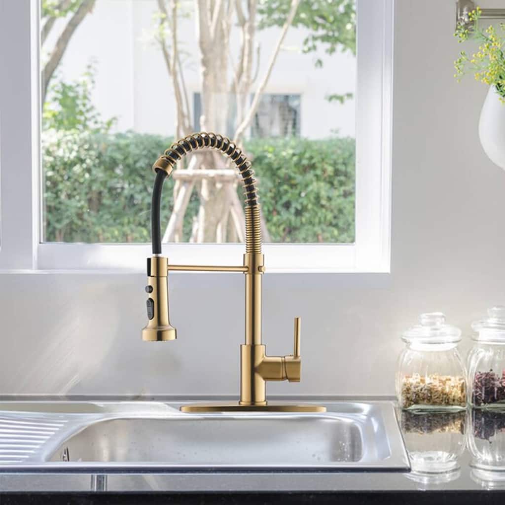 Commercial Kitchen Sink Faucet With Pull Down Sprayer Single Handle Kitchen Faucets Brushed Gold Solid Brass Modern Taps
