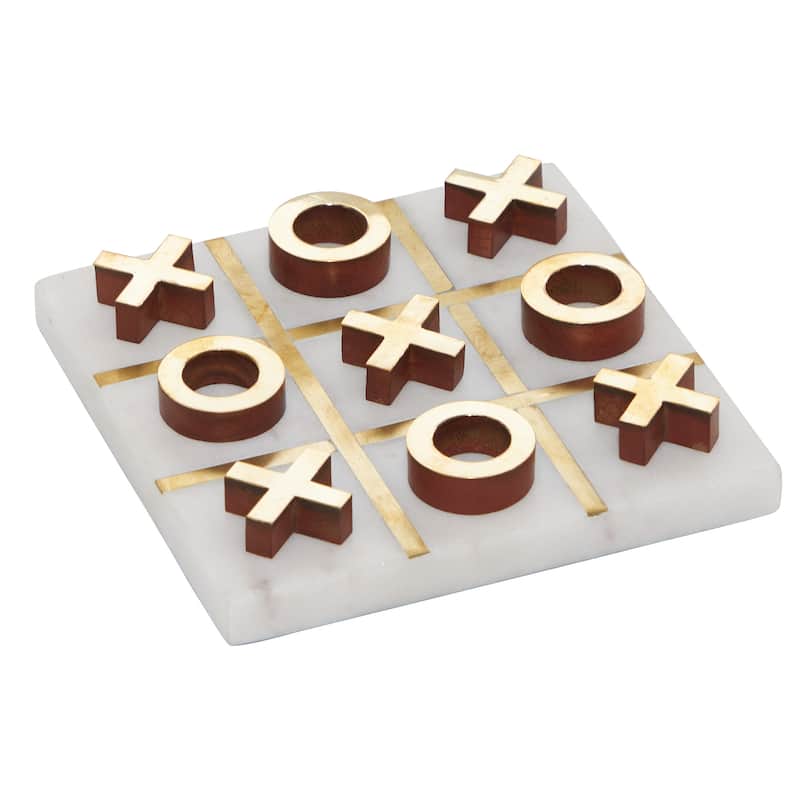White or Black Marble Tic Tac Toe Game Set with Gold Inlay and Wood Pieces