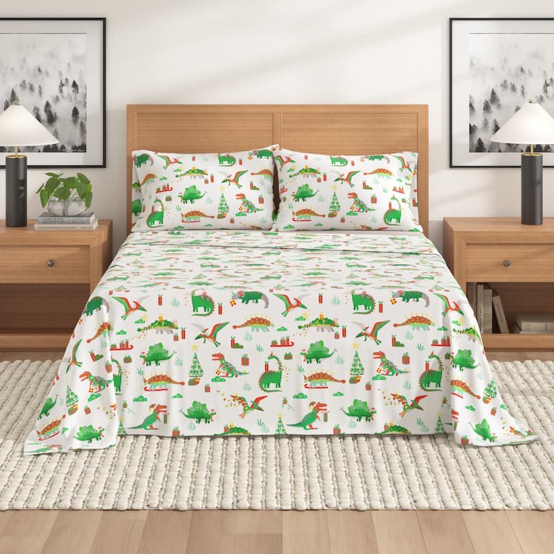 Linery & Co. Christmas Turkish Cotton Double-Brushed Flannel Bed Sheet Set - King - Christmas Dinosaur