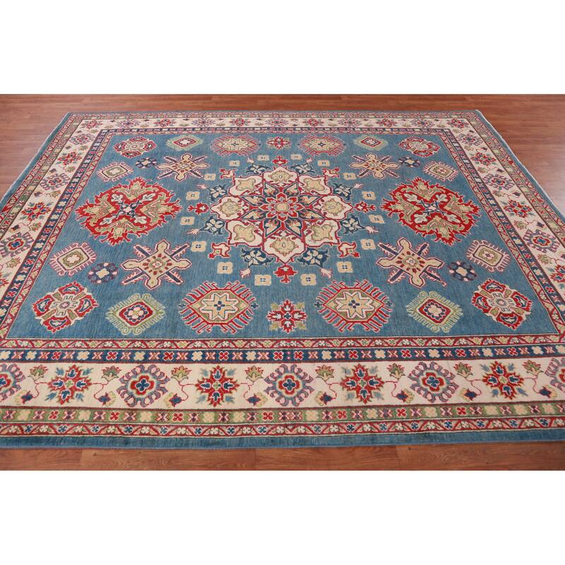 Hand Knotted Oriental 100% Wool Carpet Traditional Medallion Navy Blue & Blues Kazak Area Rug - 9' 11'' X 7' 10''