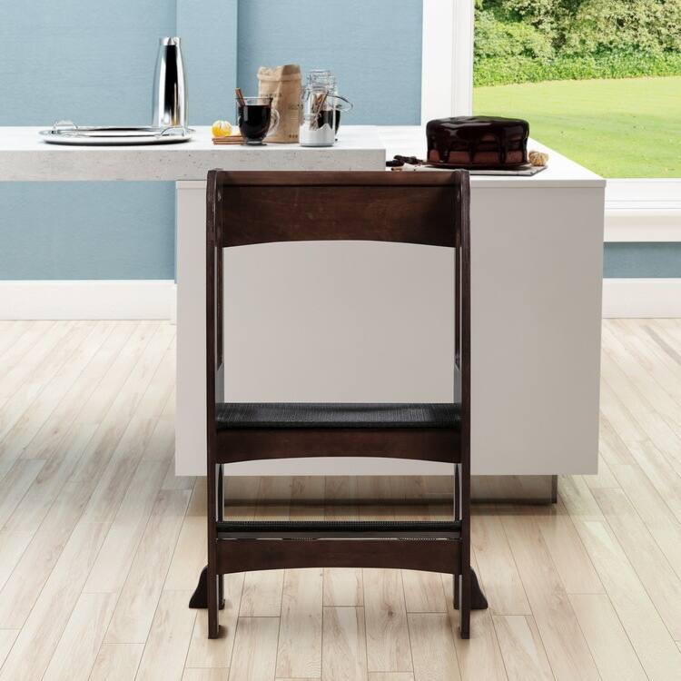Kids Wooden Kitchen Step Stool with Safety Rails and Anti-Slip Mat, Kids Countertop Step Stools for Kids - Step Stool Espresso