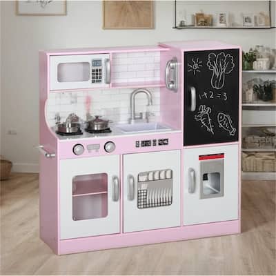 Kids Pretend Play Toy Kitchen with Play Phone, Chalkboard,Towel Rack