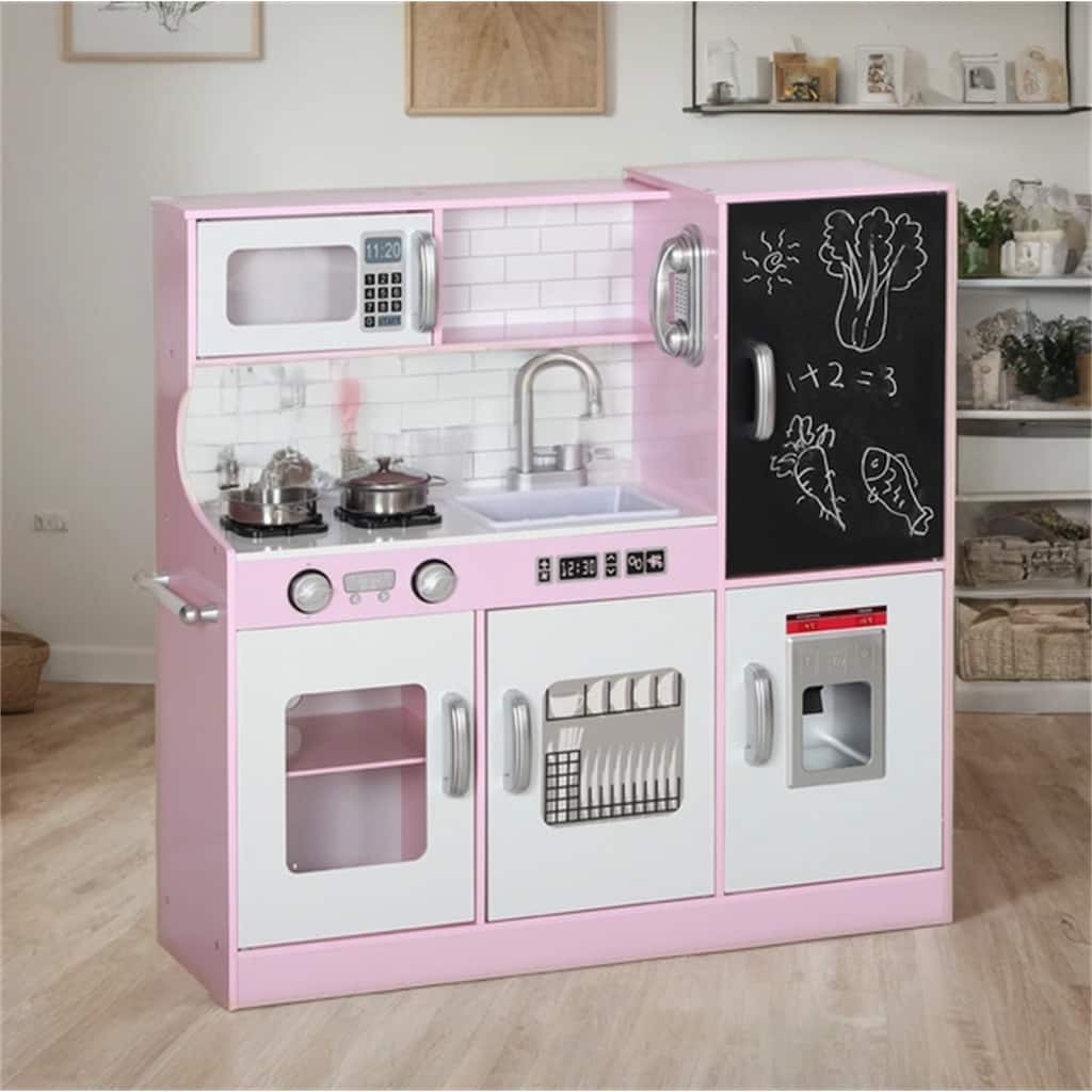 Kids Pretend Play Toy Kitchen with Play Phone, Chalkboard,Towel Rack