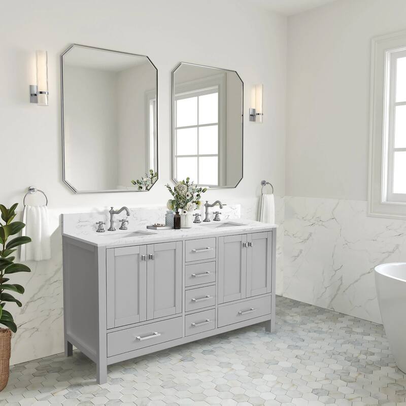 OpalithD 60 in. Bathroom Vanity with Double Sinks, Wood Bath Cabinet with Top