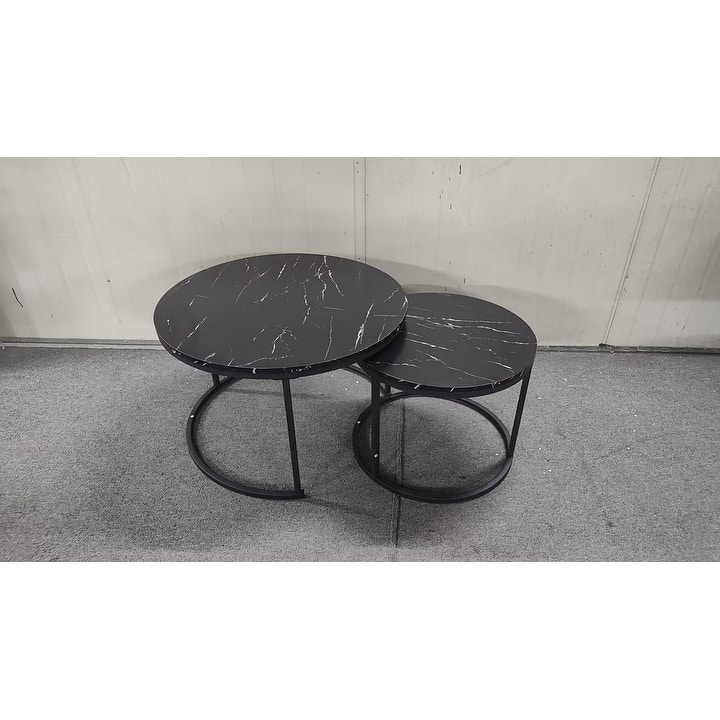 Round Nesting Coffee Table Set of 2 with Marble Pattern Top & Metal Frame