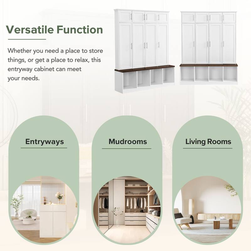 Hall Tree with 4 Hidden Hanging Hooks, Shoe Storage Bench with Storage Cabinets and Shelves, Coat Rack with Open Compartments