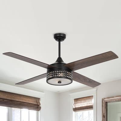 52-inch Matte Black Wood 4-Blade Crystal Ceiling Fan with Remote