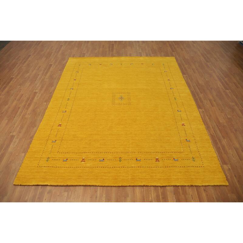 Hand Knotted Oriental 100% Wool Carpet Tribal Animal Pictorial Yellow & Gold Gabbeh Area Rug - 9' 9'' X 8' 0''