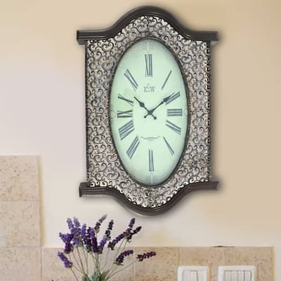 Wall Clock with Scalloped Wooden Top and Bottom, Brown