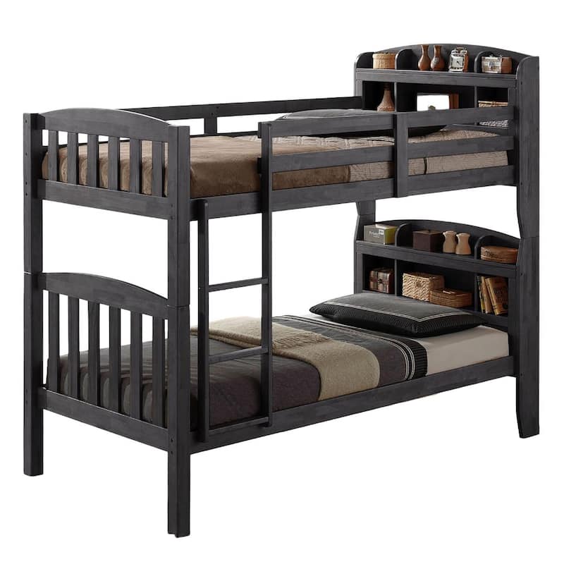 Convertible Twin Over Twin Bunk Bed with Ladder & Bookcase Headboard, Grey Finish