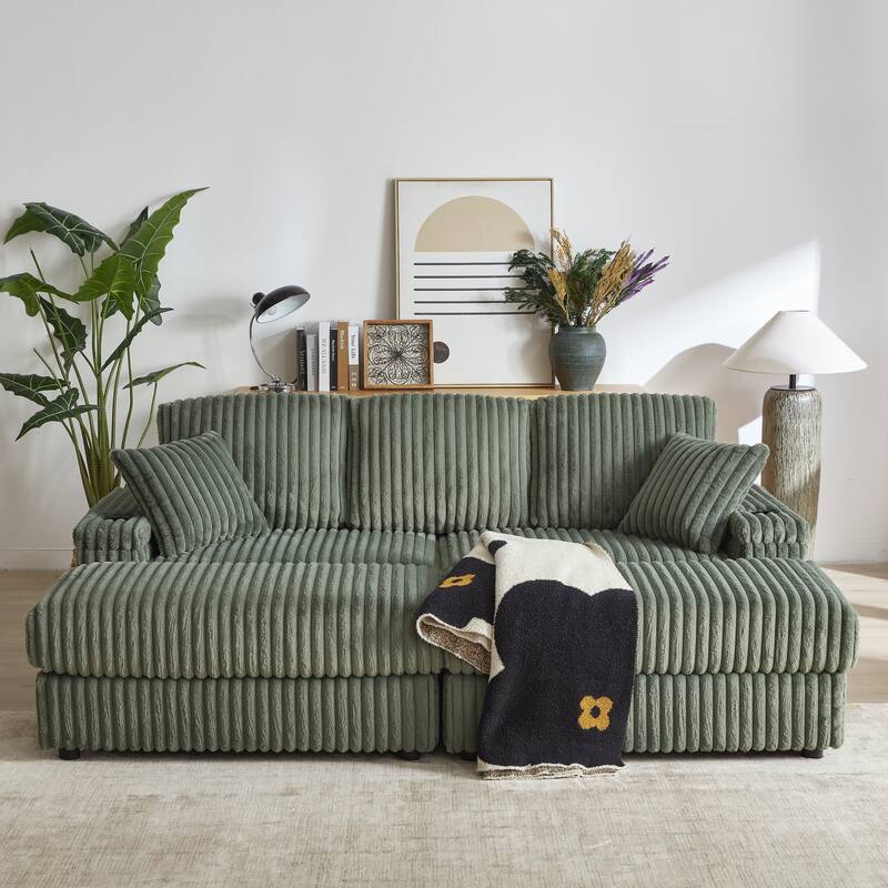 Deep Seat Sectional Loveseat Set with 2 Ottoman and 2 Pillows, Corduroy Chaise Lounge Bed with 2 Storage Spaces and Cupholding