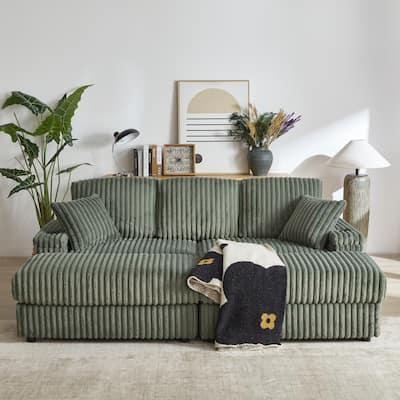 Roomfitters 84" Corduroy 3-Seater Sofa, Deep Seat Couch with 2 Ottomans, Storage, Cup Holders, 3 Back and 2 Toss Pillows