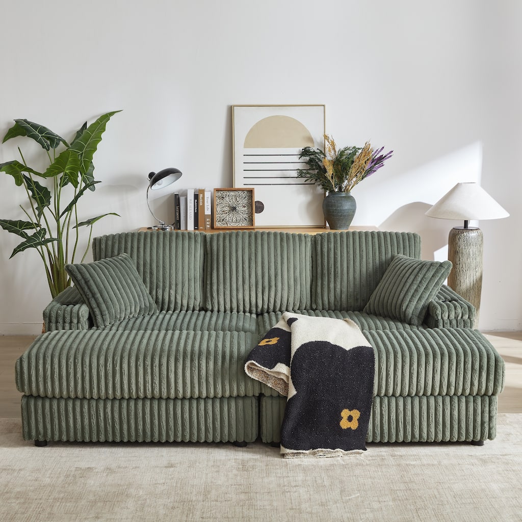 Roomfitters 84" Corduroy 3-Seater Sofa, Deep Seat Couch with 2 Ottomans, Storage, Cup Holders, 3 Back and 2 Toss Pillows