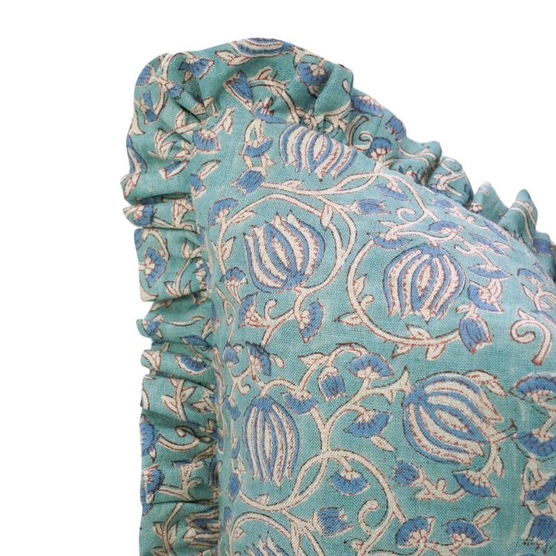 Fabdivine Handmade Block Print Floral Frill Both Side Soft Boho Pure Linen Pillow Cover