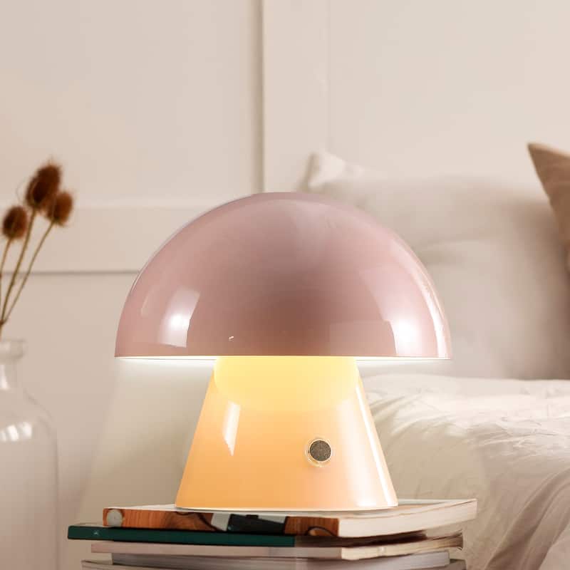 Alyson 7" Contemporary Bohemian Rechargeable/Cordless Iron Integrated LED Mushroom Table Lamp, by JONATHAN Y - Pink
