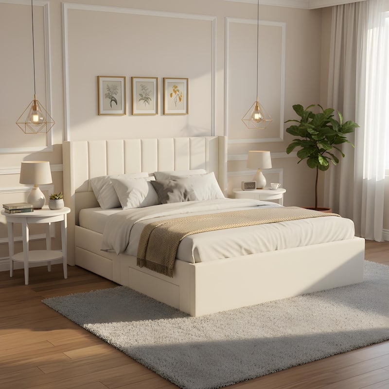 Christopher Knight Home - Modern Upholstered Storage Bed with Drawers and Vertical Headboard - Beige - Queen