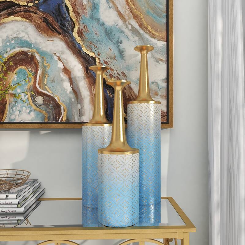 Blue Metal Floral Decorative Vase with Gold Top (Set of 3)