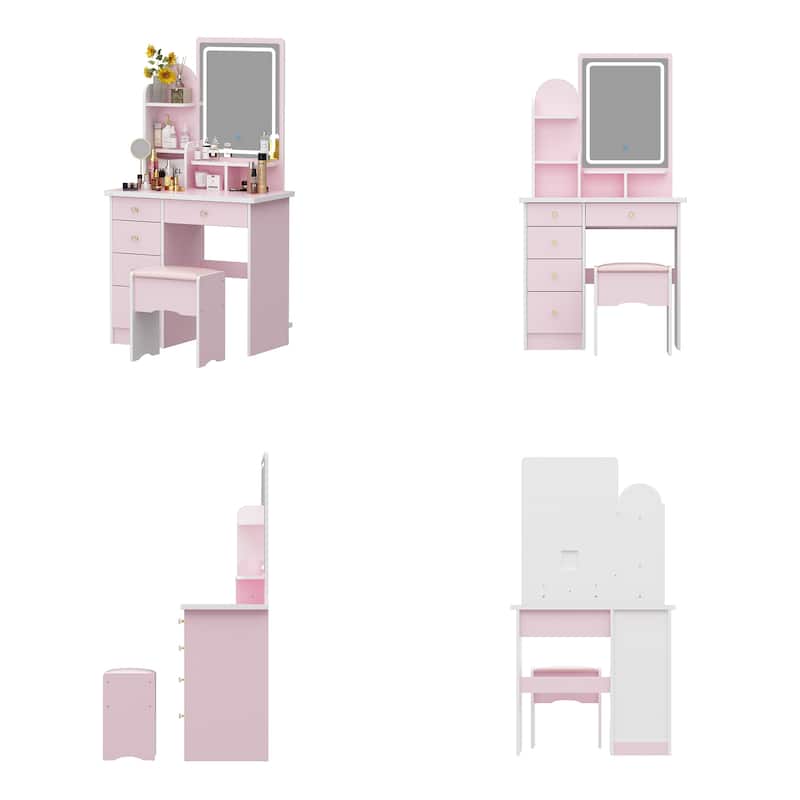 Makeup Vanity Set wi/Lighted Mirror, Storage Shelves and Drawers White - 31.5"L x 15.7"W x 55.1"H