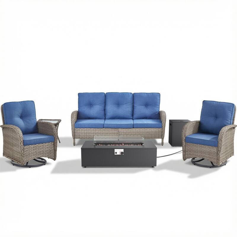 Pocassy Outdoor 5-Piece Sofa Swivel Chair with Fire Pit Table