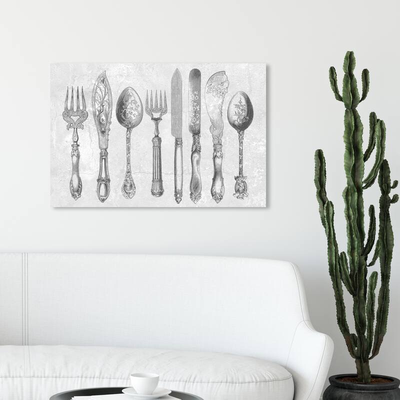 Wynwood Studio 'Royal Cutlery Grey' Food and Cuisine Wall Art Canvas Print Cooking and Chef - Gray, White - 30 x 20