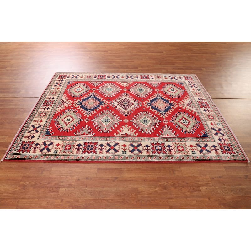 Traditional Red Kazak Rug Hand-Knotted Oriental Wool Carpet - 5'0" x 6'7"