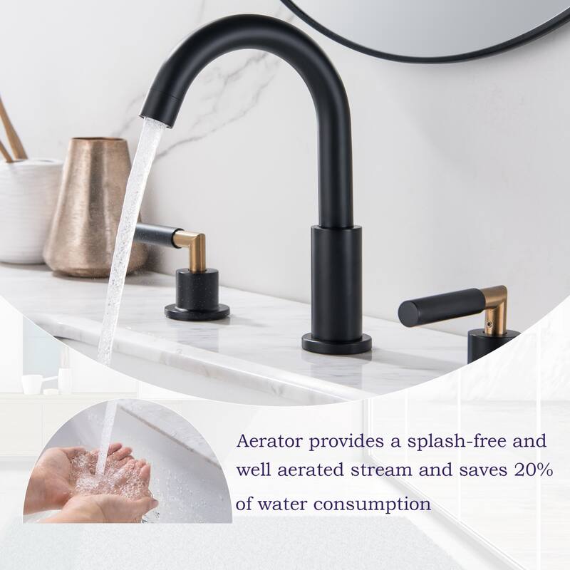Luxury 2-Handle Gold / Black Bathroom Sink Faucet 3 Hole Widespread In Brass