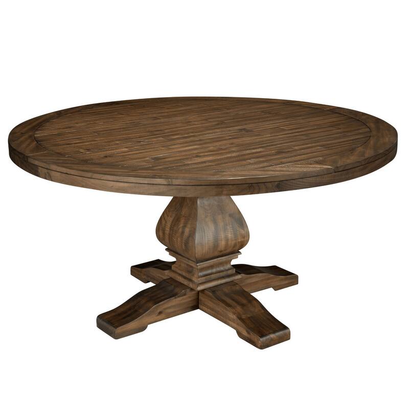 60 Inch Round Dining Table, Carved Pedestal Base, Reclaimed Walnut Brown