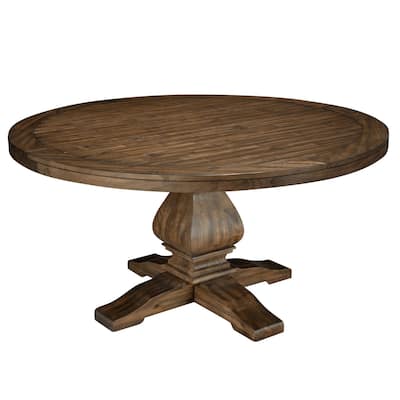 60 Inch Round Dining Table, Carved Pedestal Base, Reclaimed Walnut Brown